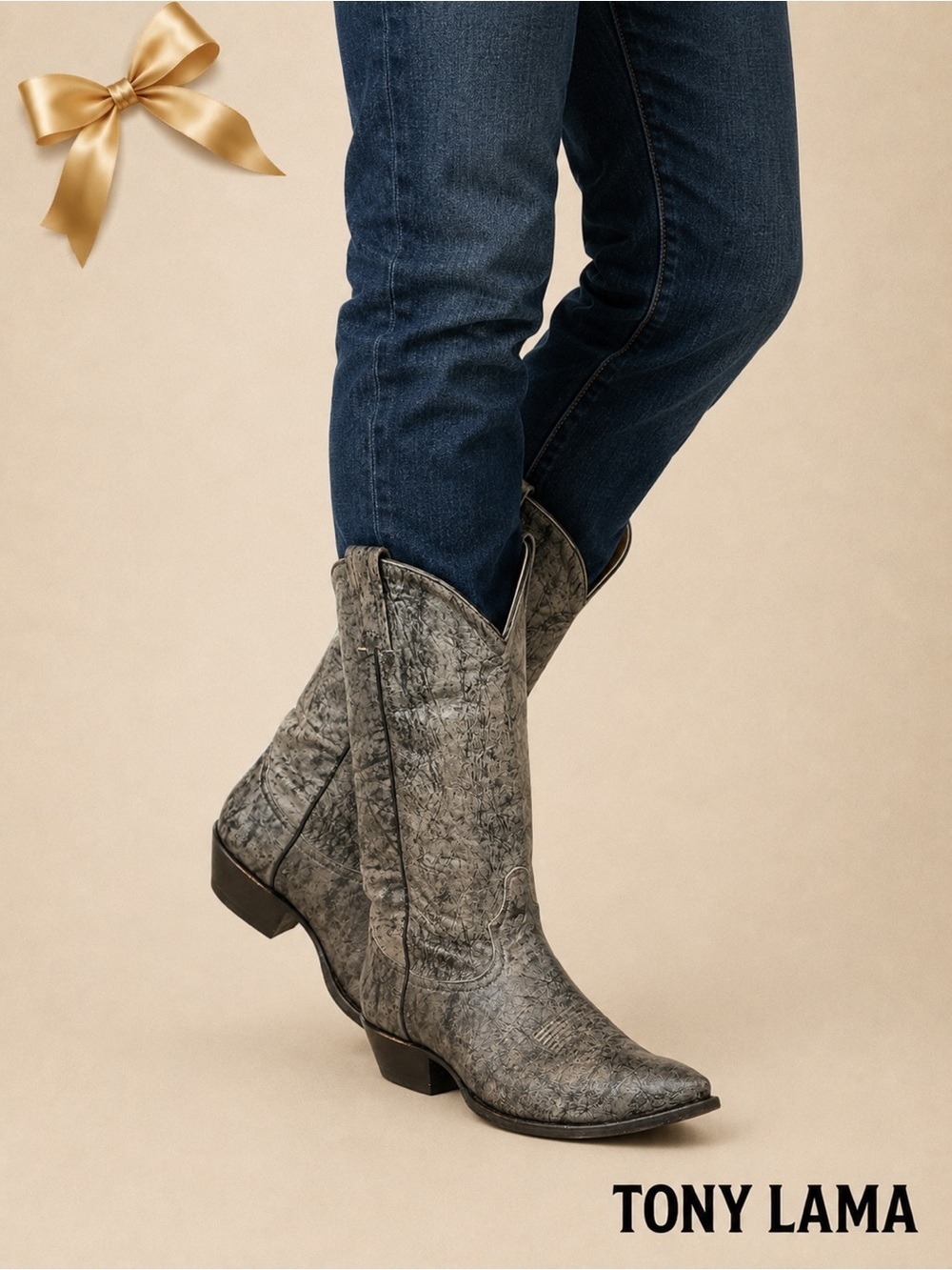 Tony Lama Distressed Gray Leather Snip Toe Cowboy Boots Vintage Western 8.5 EE